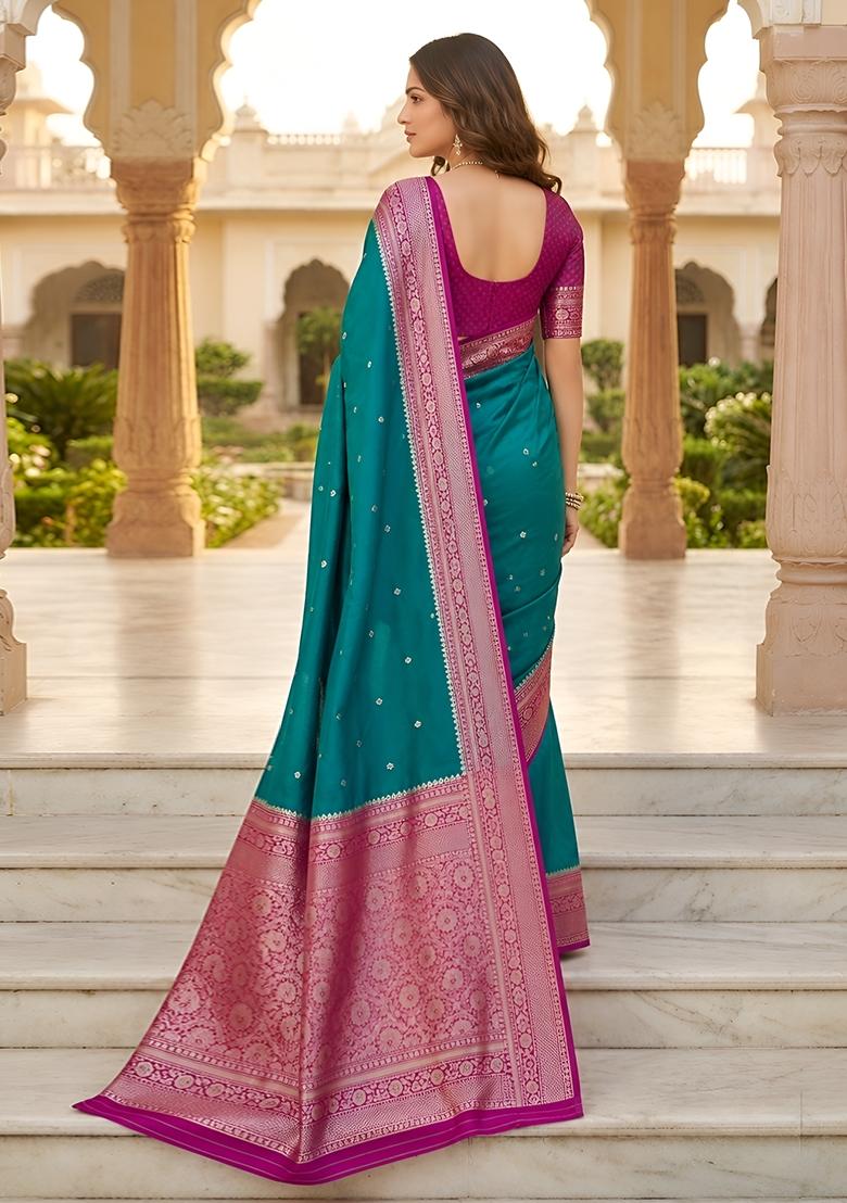 Sea Green Woven Design Banarasi Saree Set - Indya