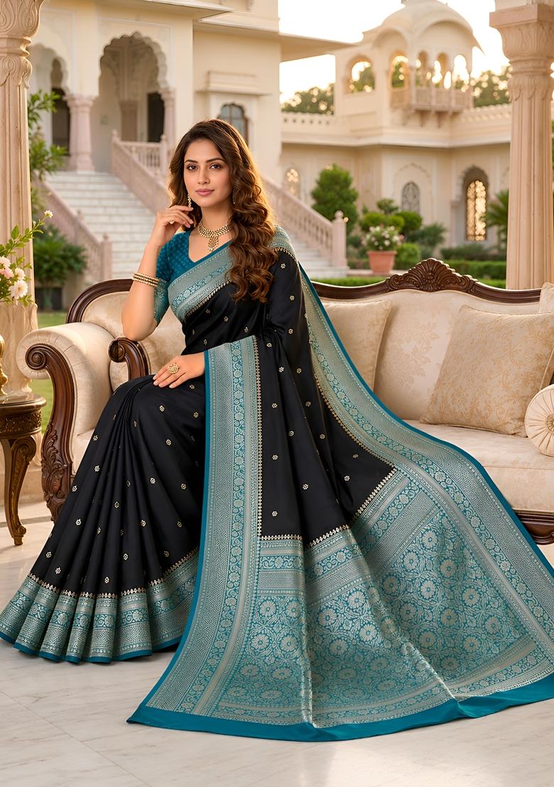 Black Woven Design Banarasi Saree Set - Indya