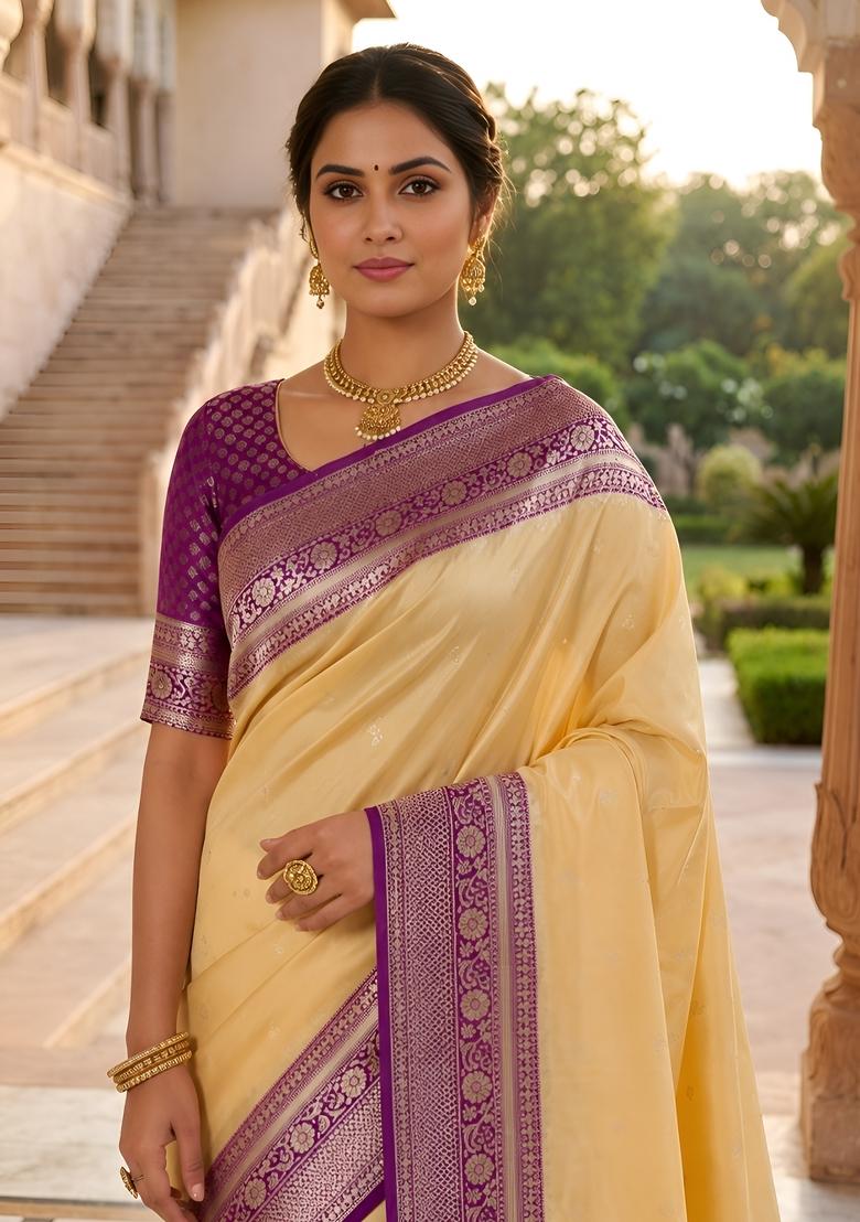Cream Woven Design Banarasi Saree Set - Indya
