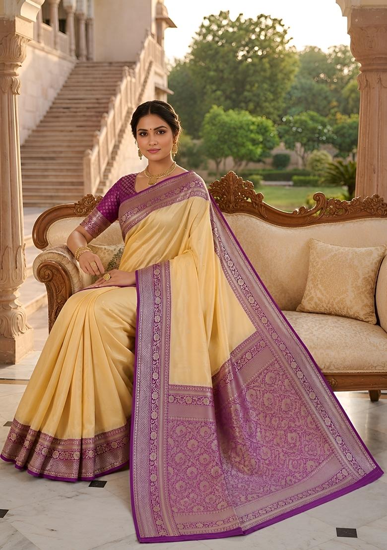 Cream Woven Design Banarasi Saree Set - Indya
