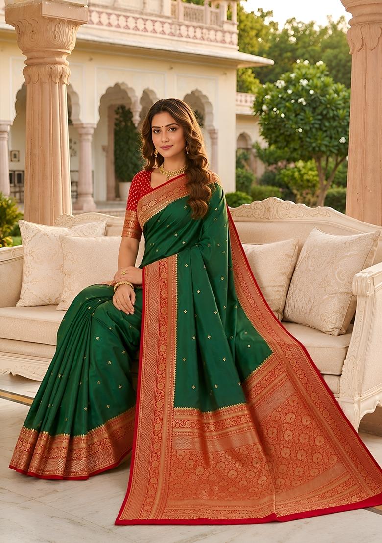 Green Woven Design Banarasi Saree Set - Indya