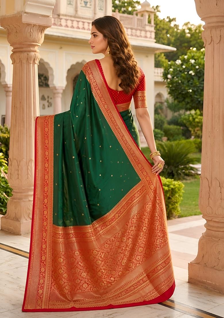 Green Woven Design Banarasi Saree Set - Indya