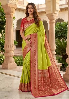 Parrot Green Woven Design Banarasi Saree Set