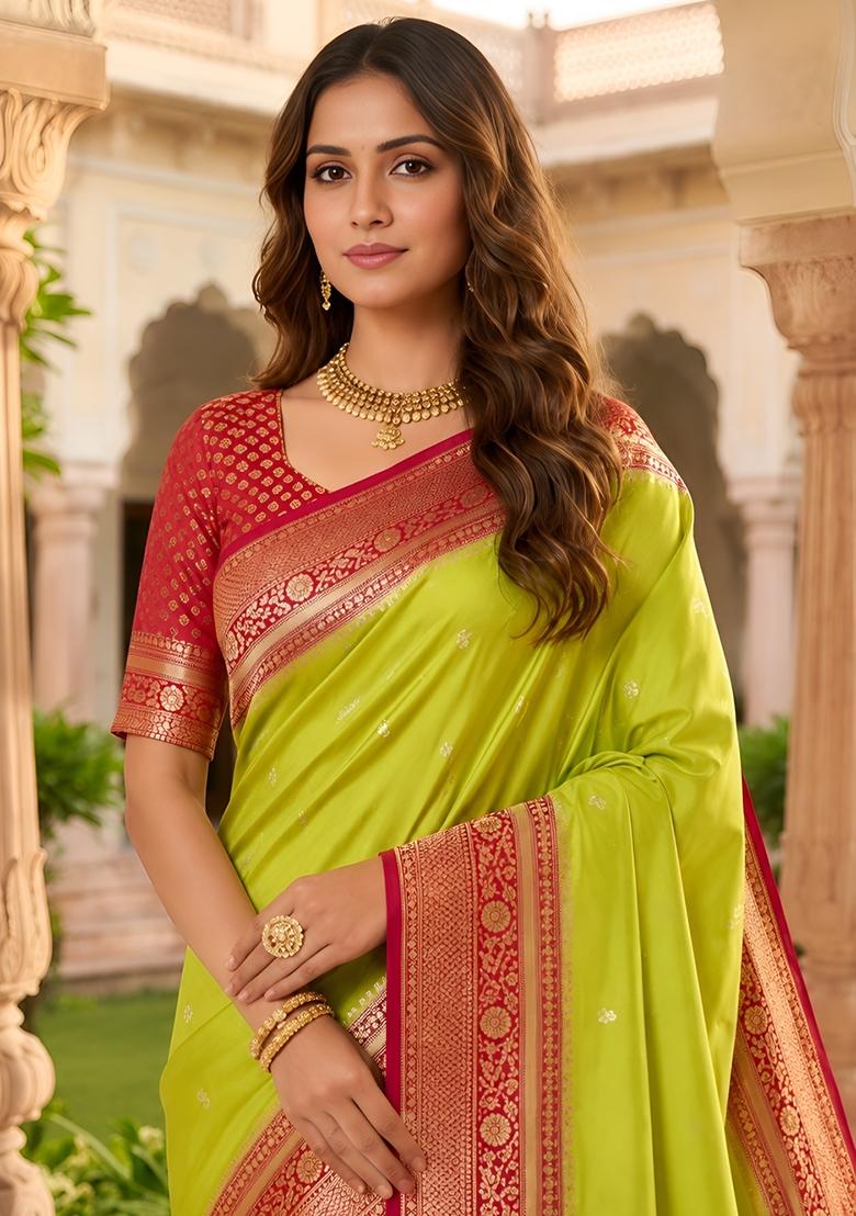 Parrot Green Woven Design Banarasi Saree Set - Indya