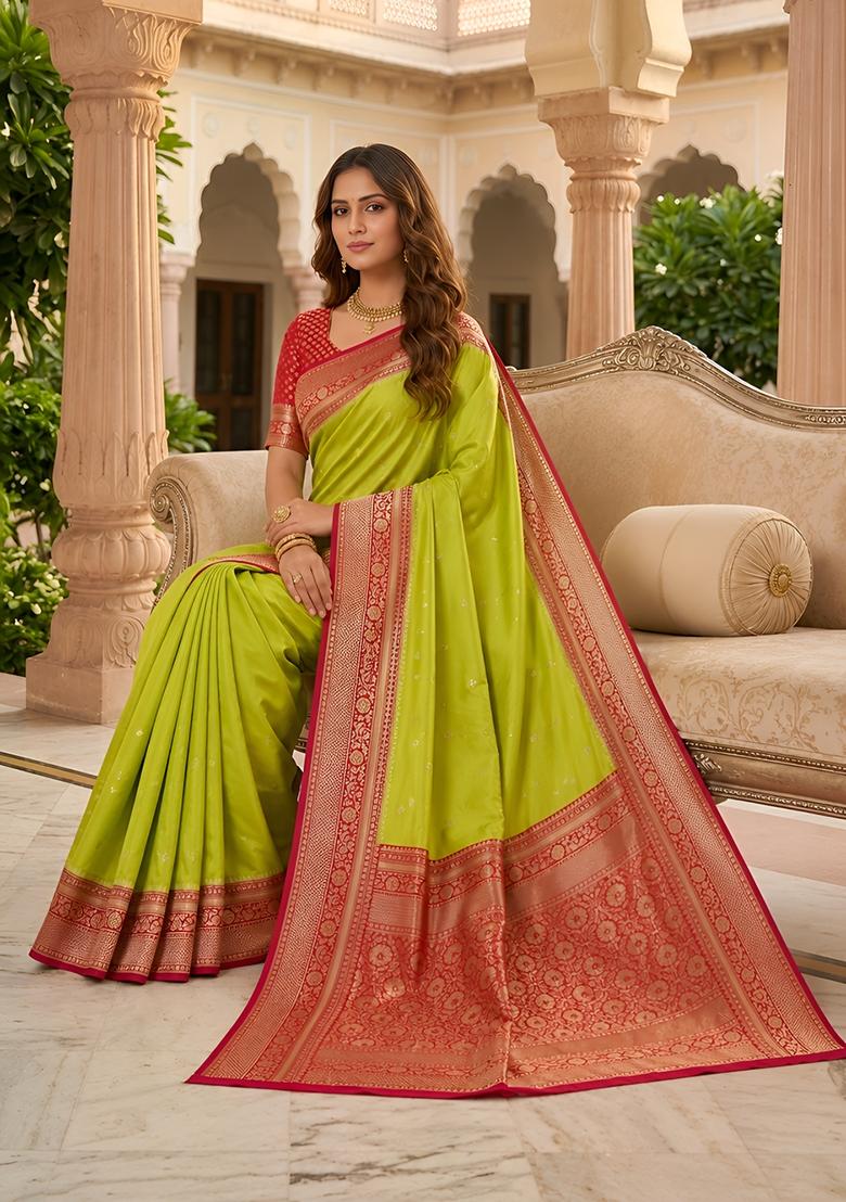 Parrot Green Woven Design Banarasi Saree Set - Indya