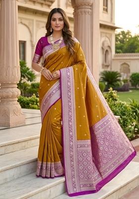Mustard Woven Design Banarasi Saree Set