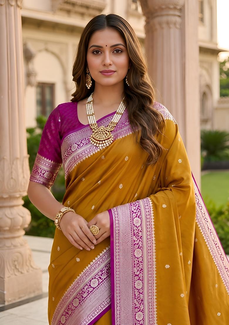 Mustard Woven Design Banarasi Saree Set - Indya