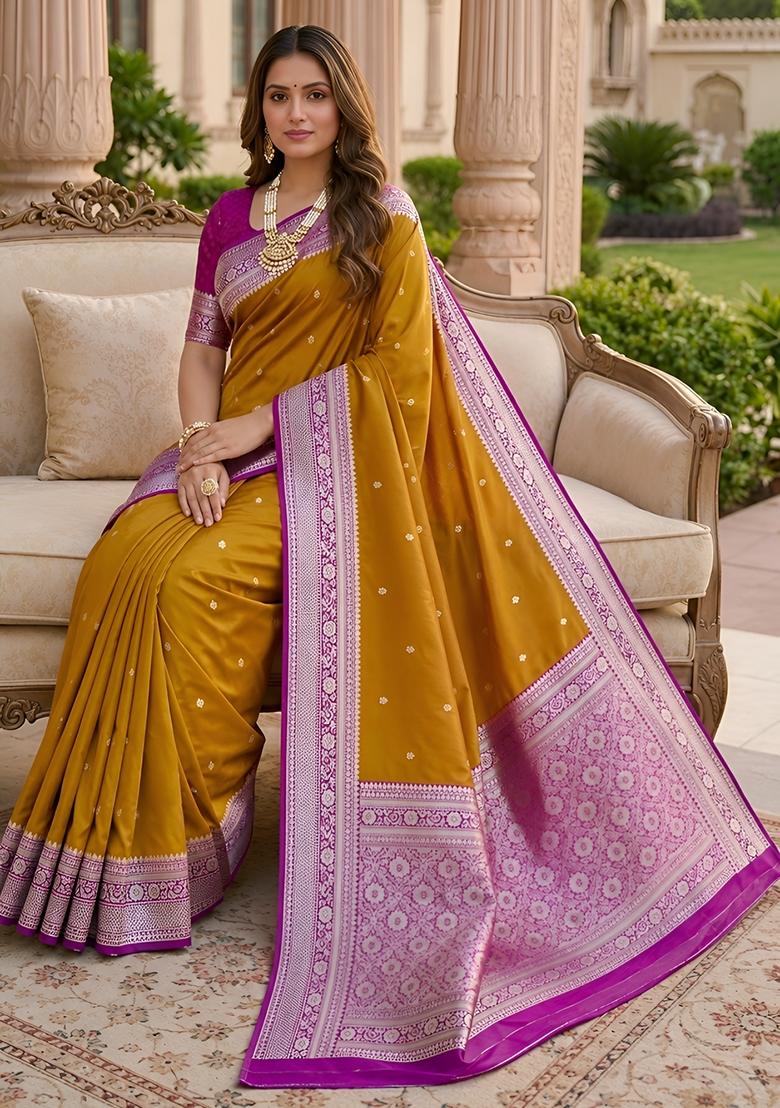 Mustard Woven Design Banarasi Saree Set - Indya