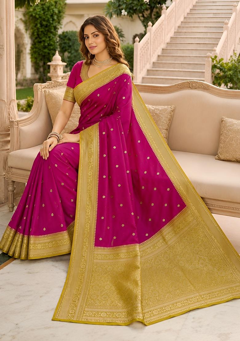 Pink Woven Design Banarasi Saree Set - Indya