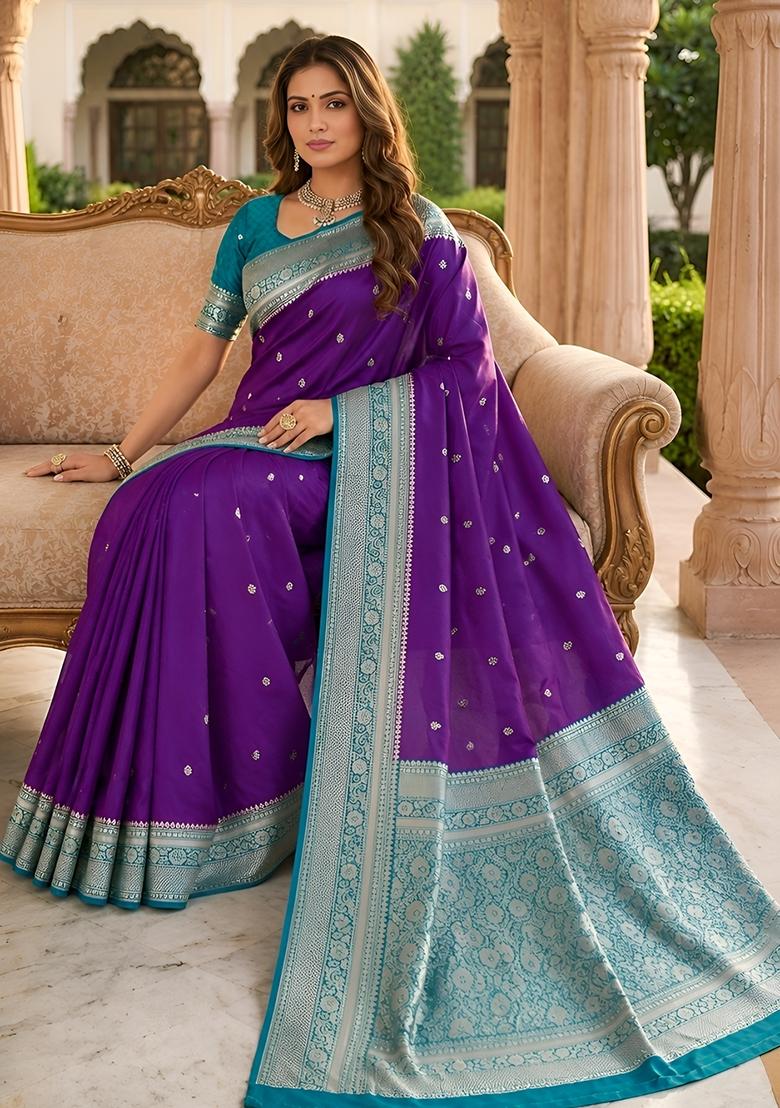 Purple Woven Design Banarasi Saree Set - Indya
