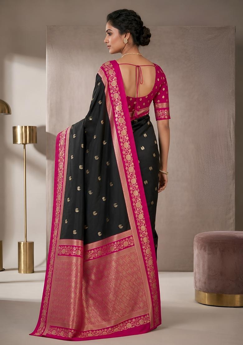 Black Woven Design Banarasi Saree Set - Indya
