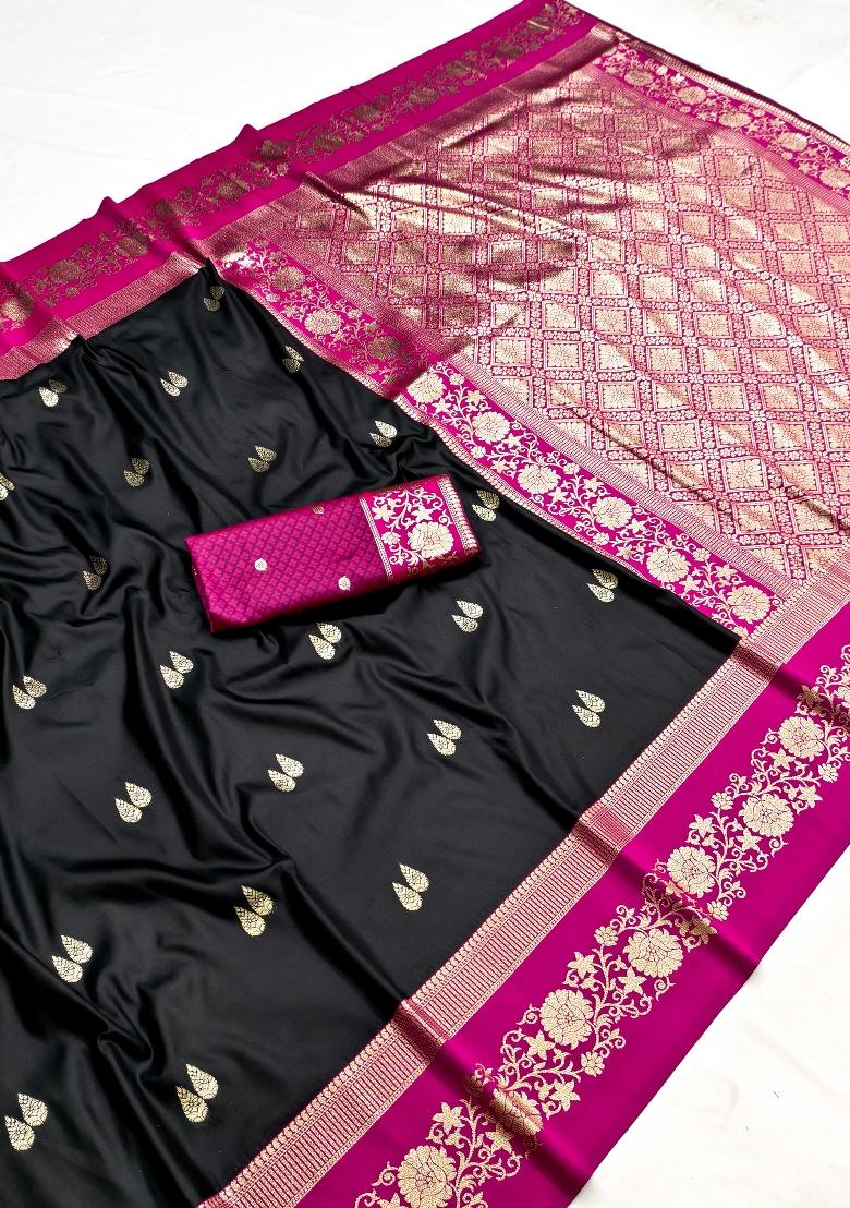 Black Woven Design Banarasi Saree Set - Indya