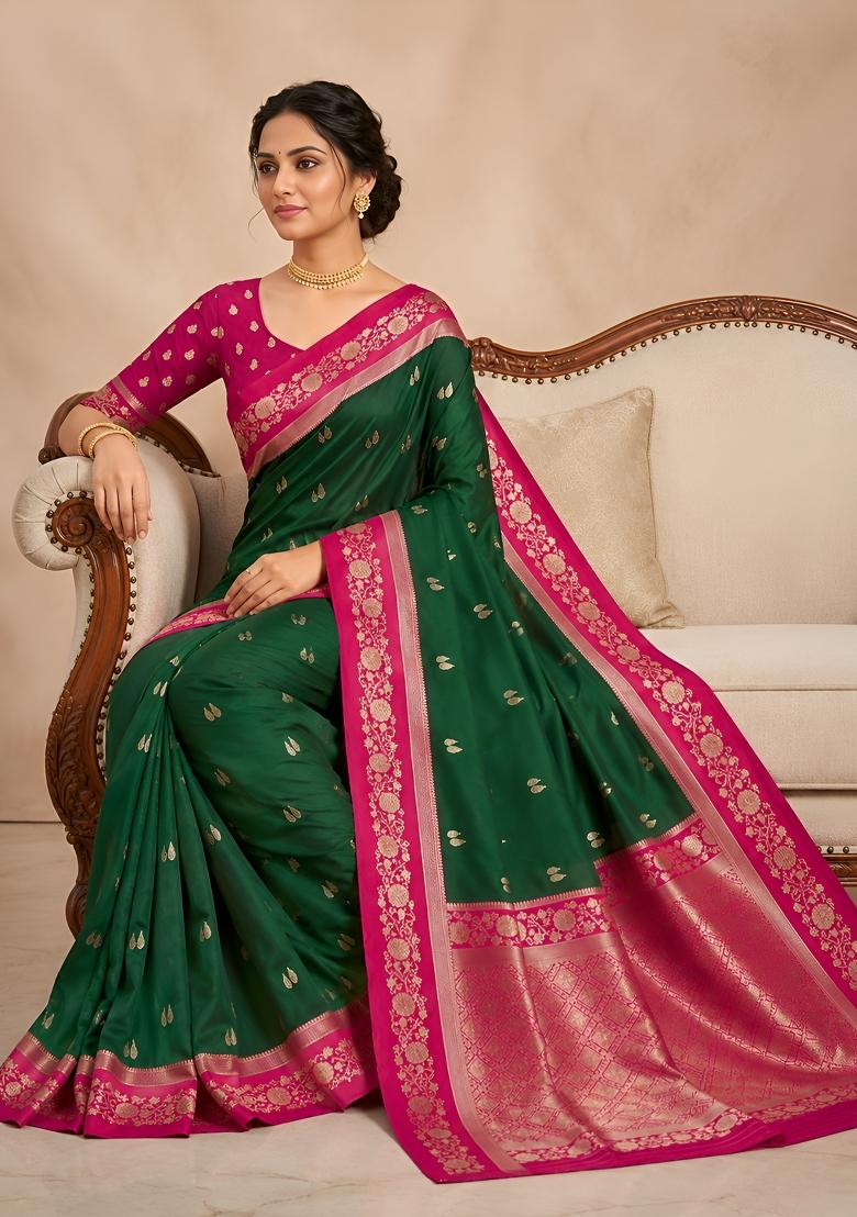 Green Woven Design Banarasi Saree Set - Indya