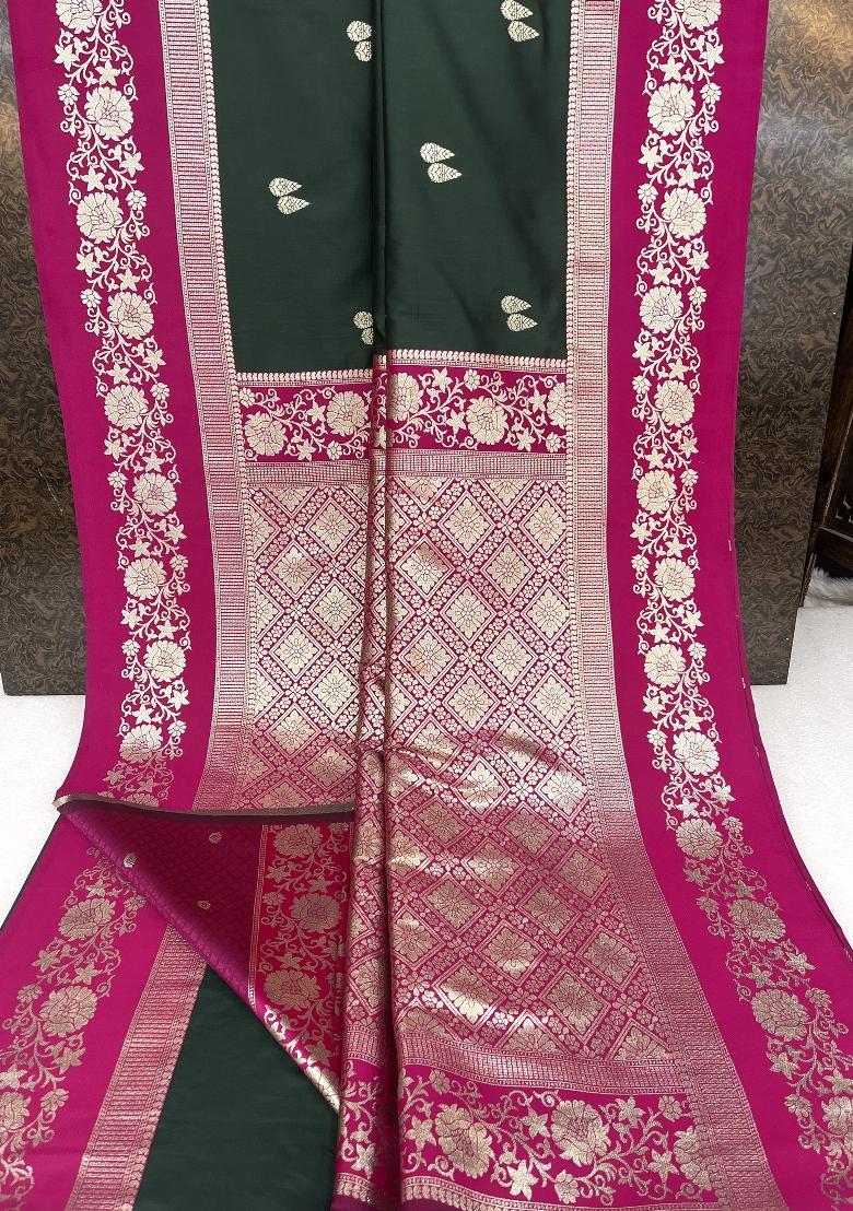 Green Woven Design Banarasi Saree Set - Indya