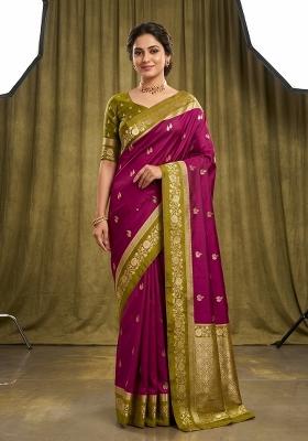 Wine Woven Design Banarasi Saree Set
