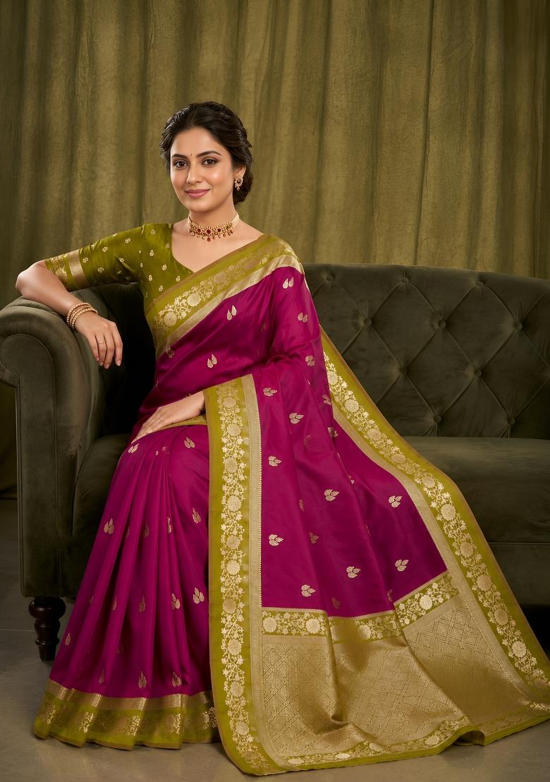 Wine Woven Design Banarasi Saree Set - Indya