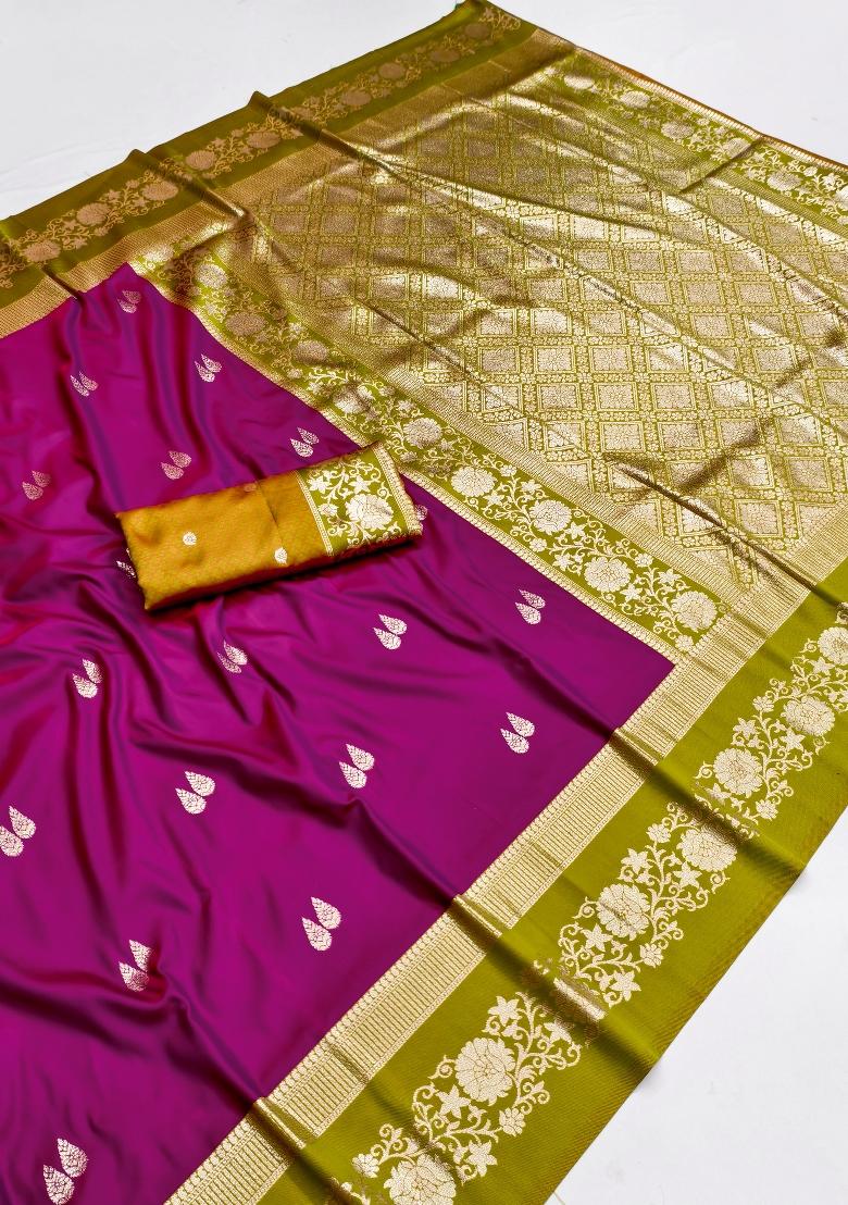 Wine Woven Design Banarasi Saree Set - Indya