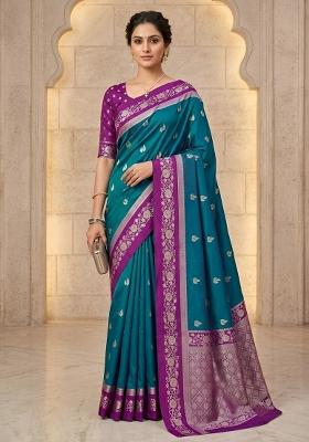 Teal Woven Design Banarasi Saree Set
