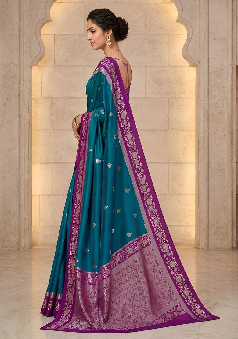 Teal Woven Design Banarasi Saree Set - Indya
