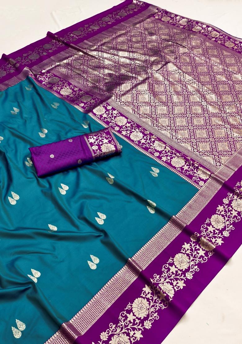 Teal Woven Design Banarasi Saree Set - Indya