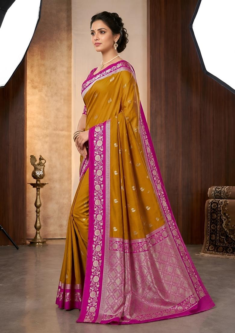 Mustard Woven Design Banarasi Saree Set - Indya