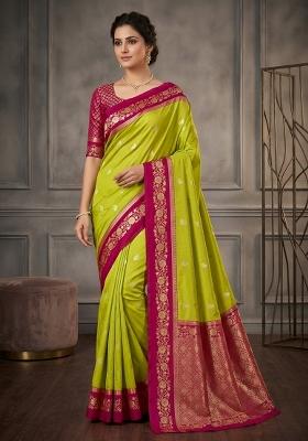 Parrot Green Woven Design Banarasi Saree Set