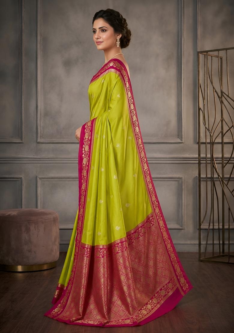 Parrot Green Woven Design Banarasi Saree Set - Indya