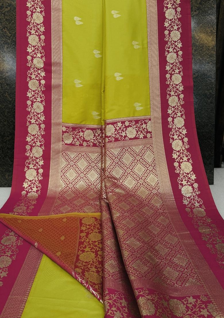 Parrot Green Woven Design Banarasi Saree Set - Indya