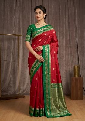 Red Woven Design Banarasi Saree Set