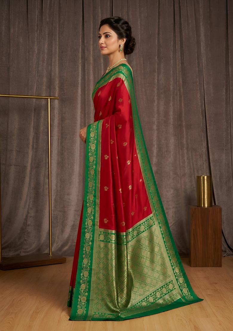 Red Woven Design Banarasi Saree Set - Indya