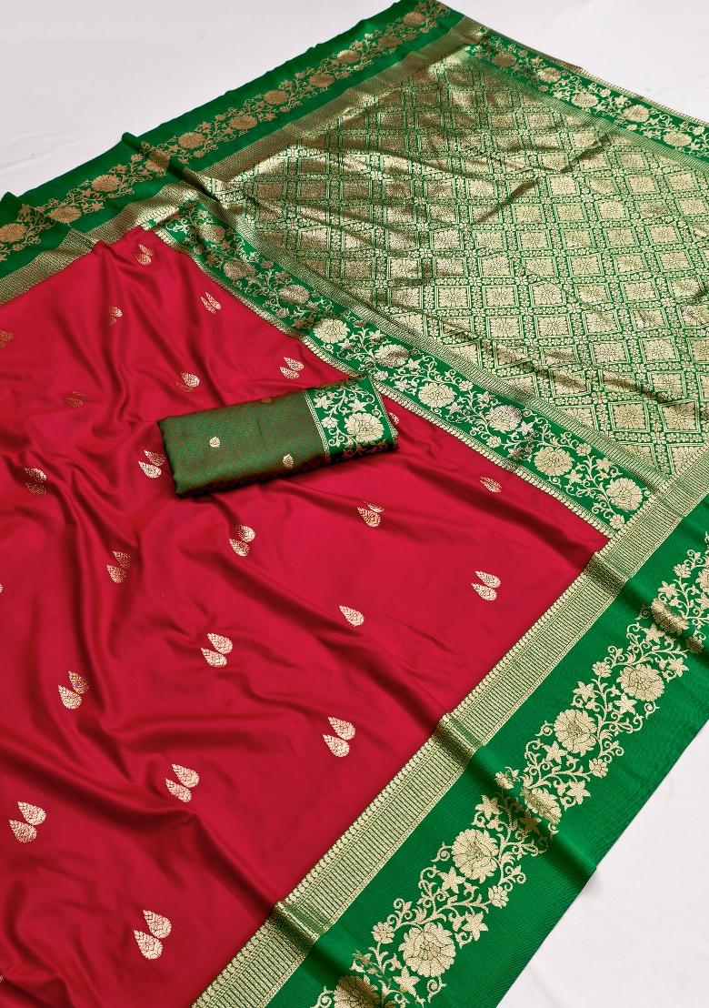 Red Woven Design Banarasi Saree Set - Indya