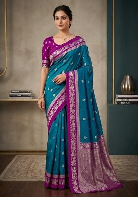 Teal Woven Design Banarasi Saree Set