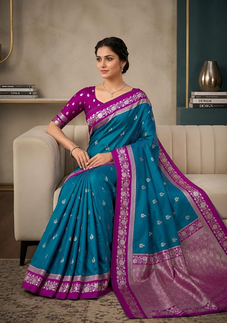 Teal Woven Design Banarasi Saree Set - Indya