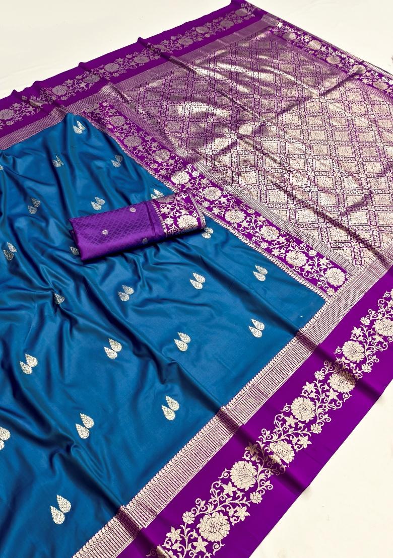 Teal Woven Design Banarasi Saree Set - Indya