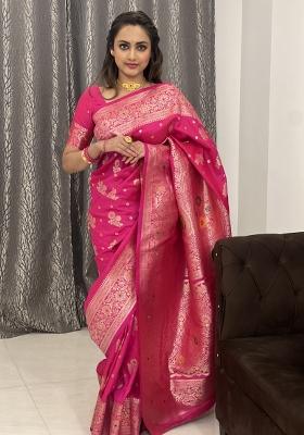 Pink Woven Design Banarasi Saree Set
