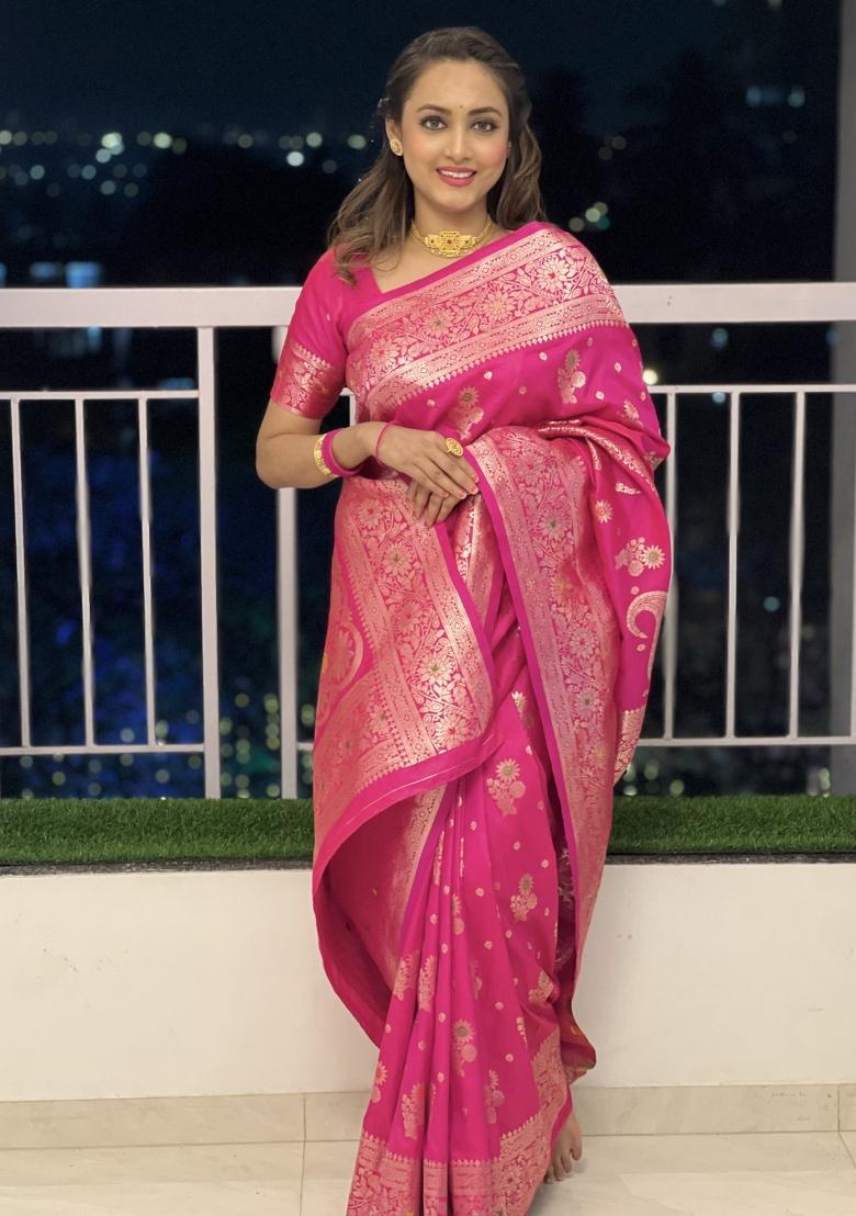 Pink Woven Design Banarasi Saree Set - Indya
