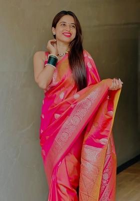 Pink Woven Design Banarasi Saree Set