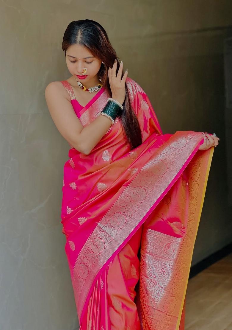 Pink Woven Design Banarasi Saree Set - Indya
