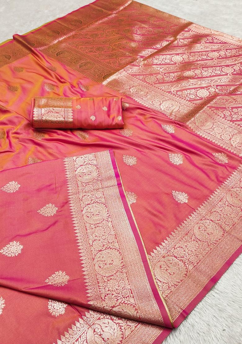 Pink Woven Design Banarasi Saree Set - Indya
