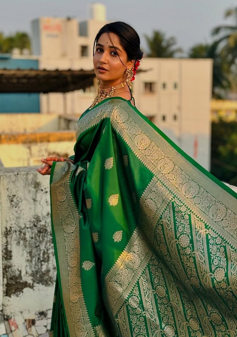 Green Woven Design Banarasi Saree Set - Indya