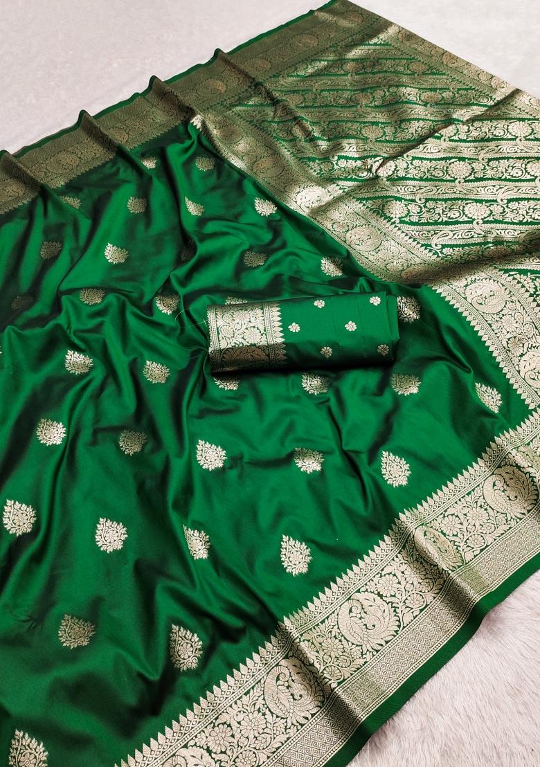 Green Woven Design Banarasi Saree Set - Indya