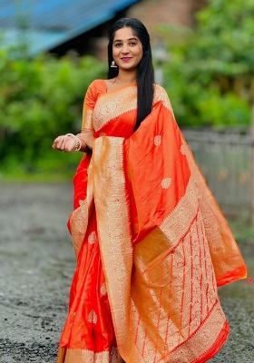 Orange Woven Design Banarasi Saree Set