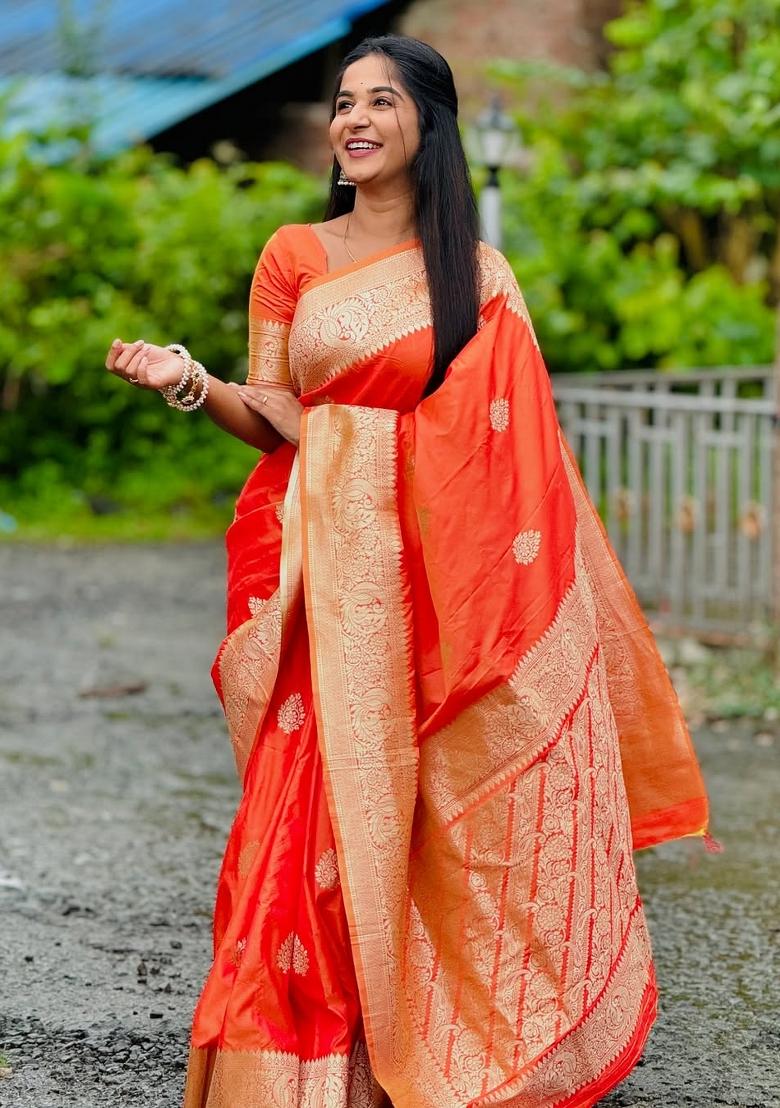 Orange Woven Design Banarasi Saree Set - Indya