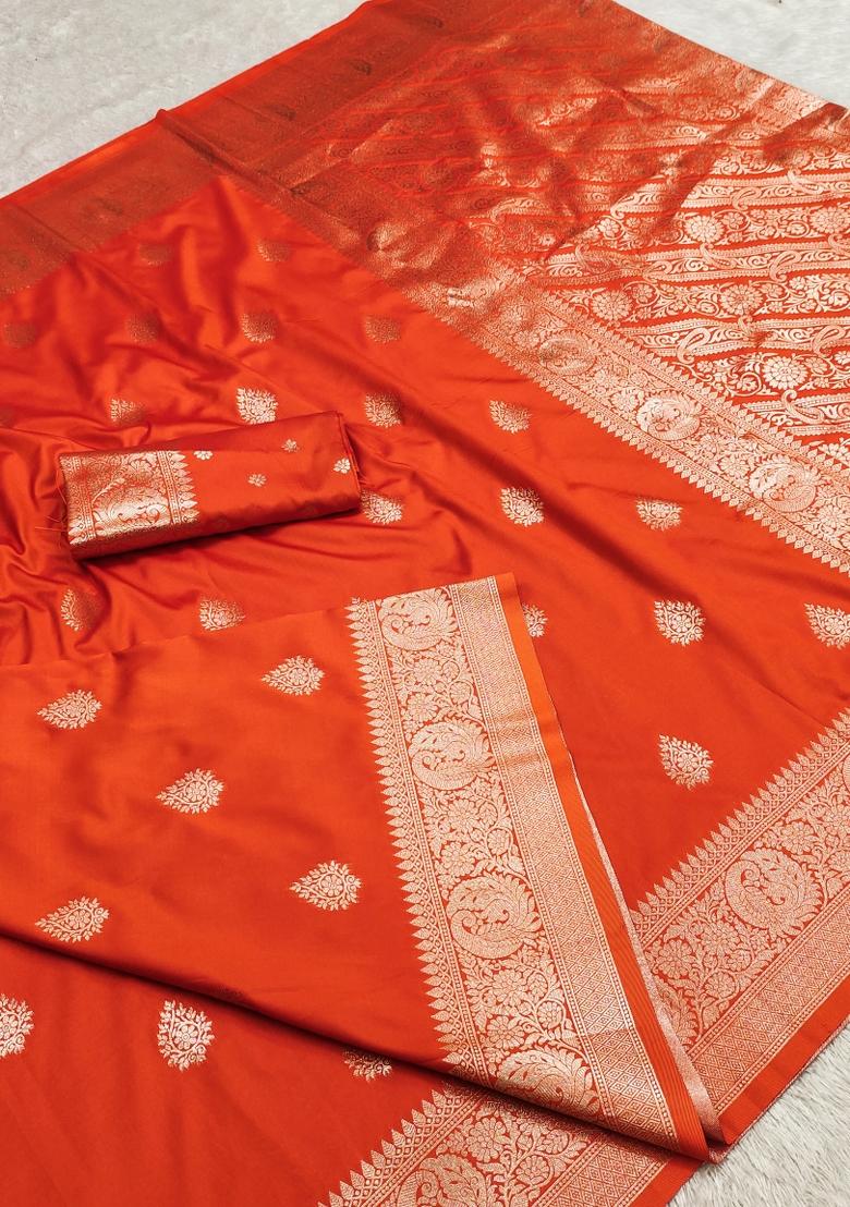 Orange Woven Design Banarasi Saree Set - Indya