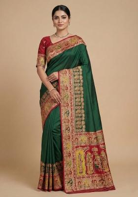 Green Woven Design Silk Saree Set