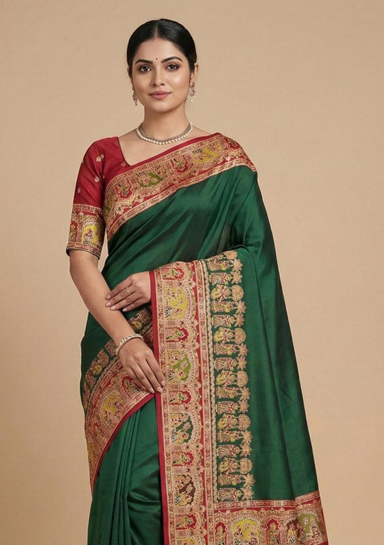 Green Woven Design Silk Saree Set - Indya