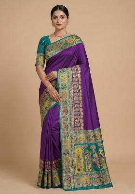 Purple Woven Design Silk Saree Set