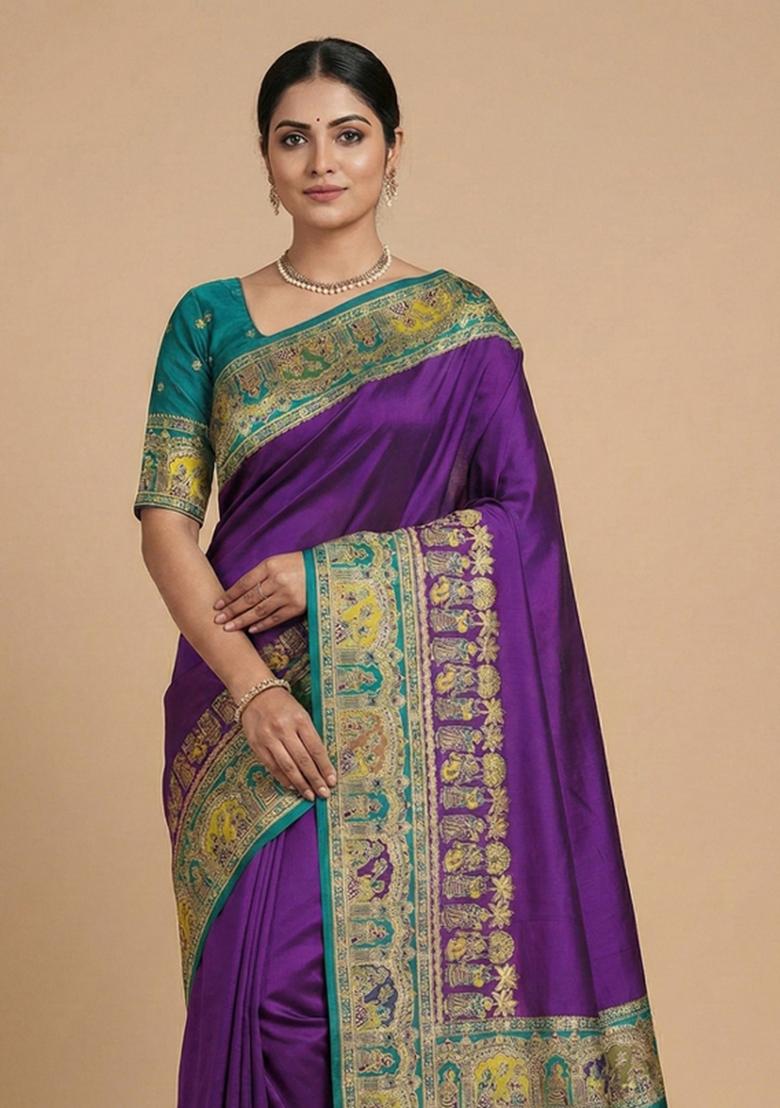 Purple Woven Design Silk Saree Set - Indya