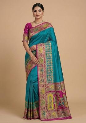 Sky Blue Woven Design Silk Saree Set