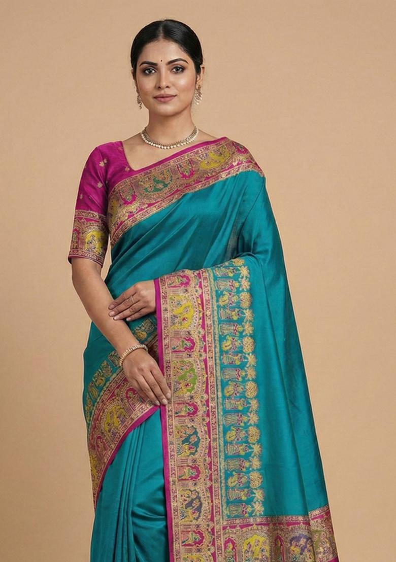 Sky Blue Woven Design Silk Saree Set - Indya